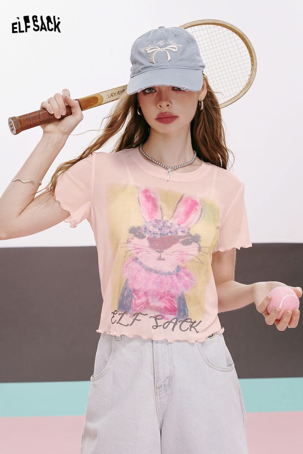 ELFSACK American sexy letter cartoon print ruffled slim fit straight shoulder short sleeve T-shirt