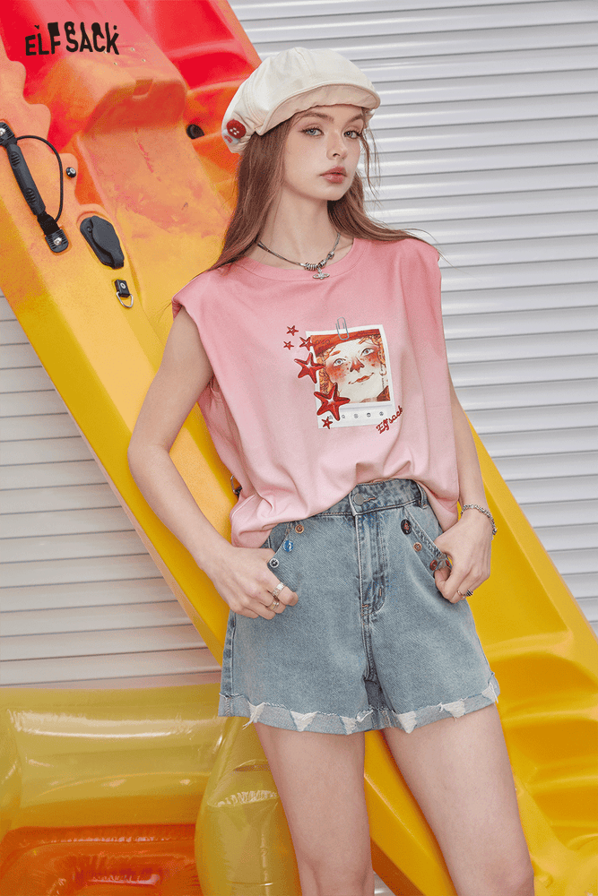 
                  
                    ELFSACK 2024 Summer New Arrivals Pink gradient sleeveless T-shirt with open back design for women's top
                  
                