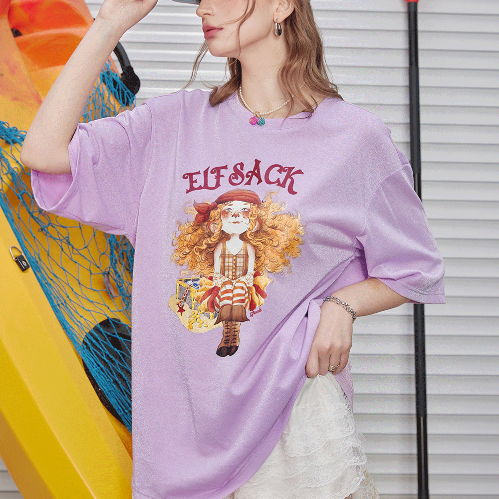 
                  
                    ELFSACK 2024 Summer New Arrivals Loose bright silk printed short sleeved T-shirt for women, versatile and casual, slimming top
                  
                