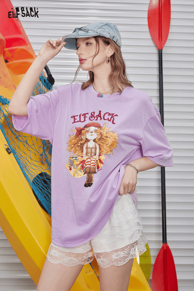 
                  
                    ELFSACK 2024 Summer New Arrivals Loose bright silk printed short sleeved T-shirt for women, versatile and casual, slimming top
                  
                