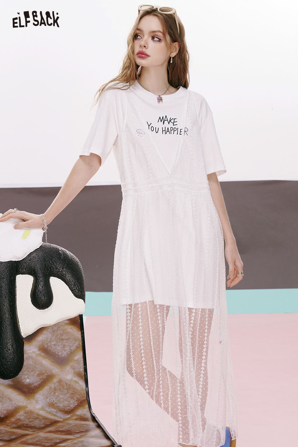 ELFSACK Mesh T-shirt for slim fit and waist-hugging white dress with niche design