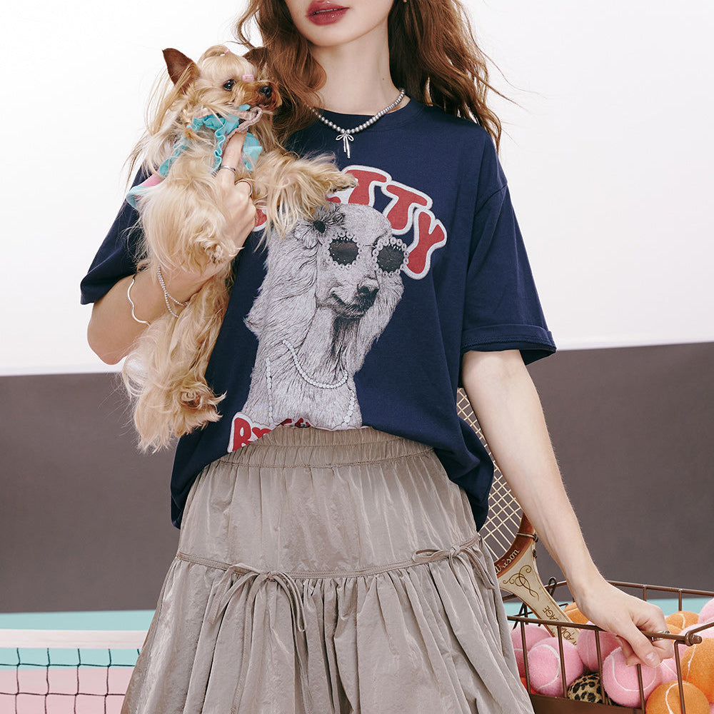 
                  
                    ELFSACK 2024 summer new arrival Pure cotton printed loose hip-hop style puppy print casual versatile slim short-sleeved T-shirt for women
                  
                