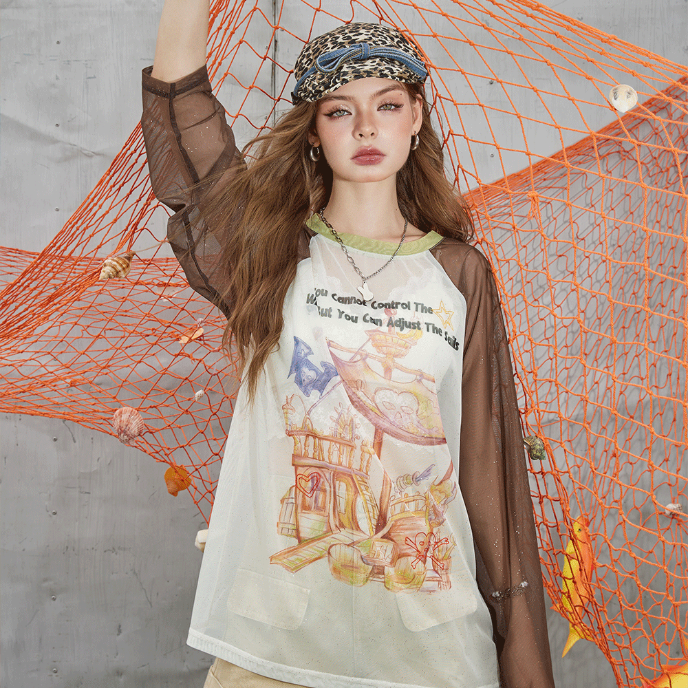 
                  
                    ELFSACK 2024 Summer New Arrivals Shoulder inserted silver printed mesh short sleeved T-shirt for women's casual versatile cover up
                  
                