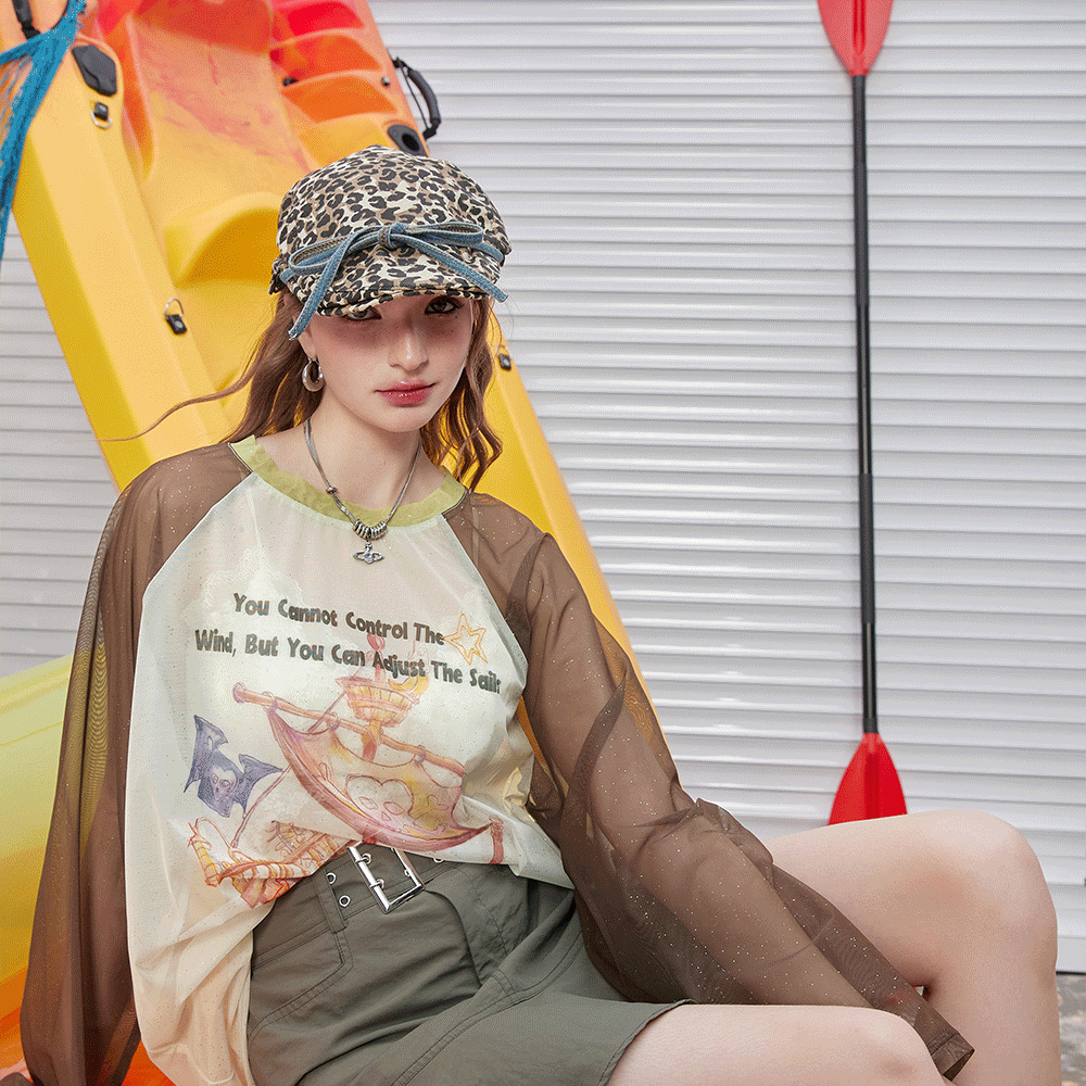 
                  
                    ELFSACK 2024 Summer New Arrivals Shoulder inserted silver printed mesh short sleeved T-shirt for women's casual versatile cover up
                  
                