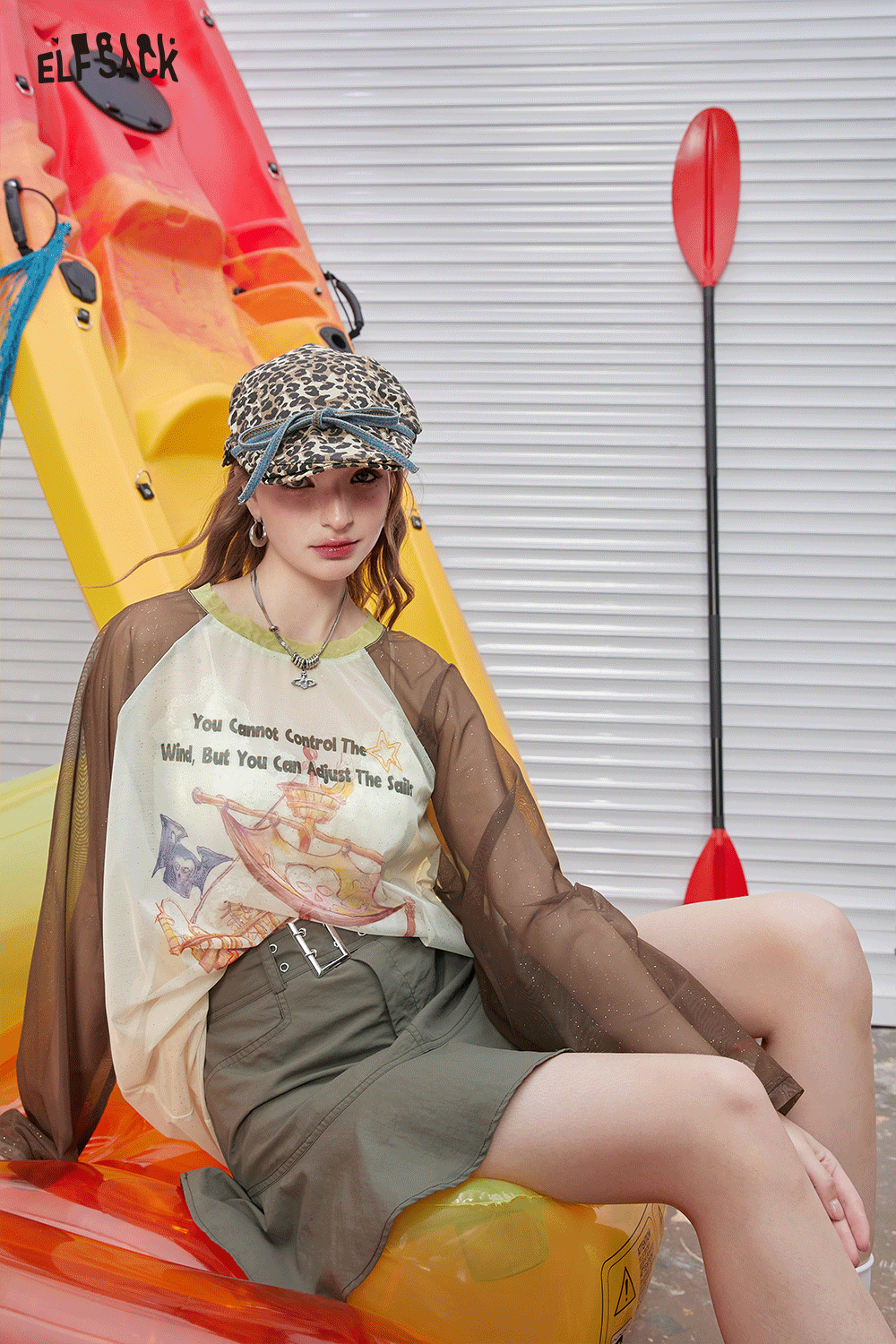 
                  
                    ELFSACK 2024 Summer New Arrivals Shoulder inserted silver printed mesh short sleeved T-shirt for women's casual versatile cover up
                  
                