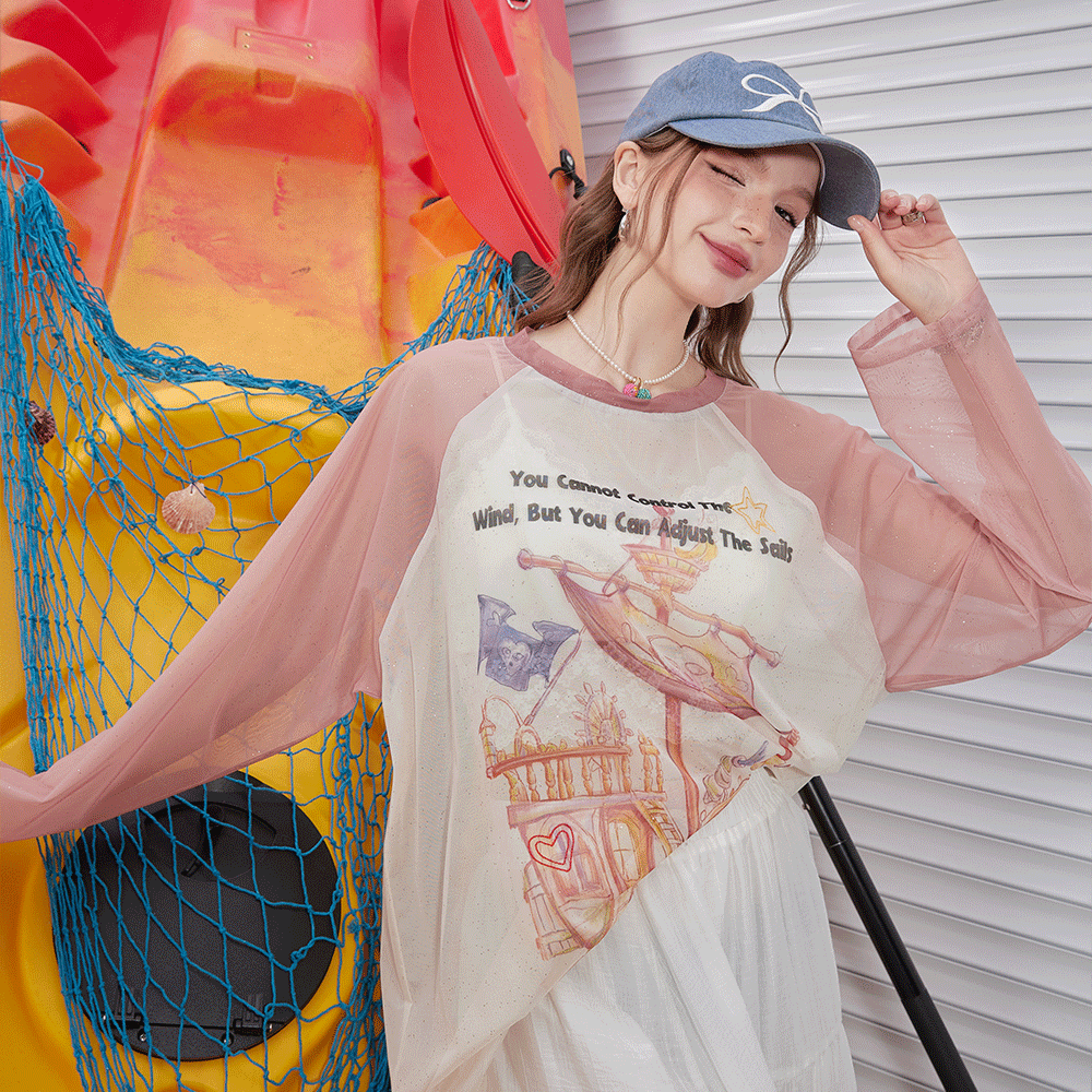 ELFSACK 2024 Summer New Arrivals Shoulder inserted silver printed mesh short sleeved T-shirt for women's casual versatile cover up