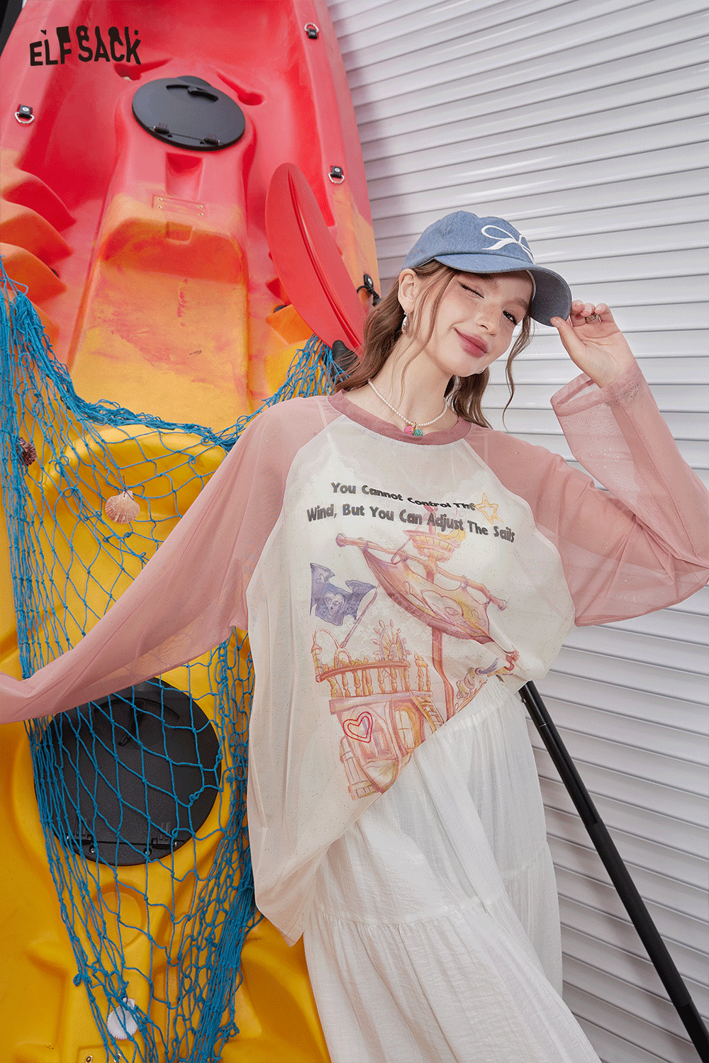 ELFSACK 2024 Summer New Arrivals Shoulder inserted silver printed mesh short sleeved T-shirt for women's casual versatile cover up