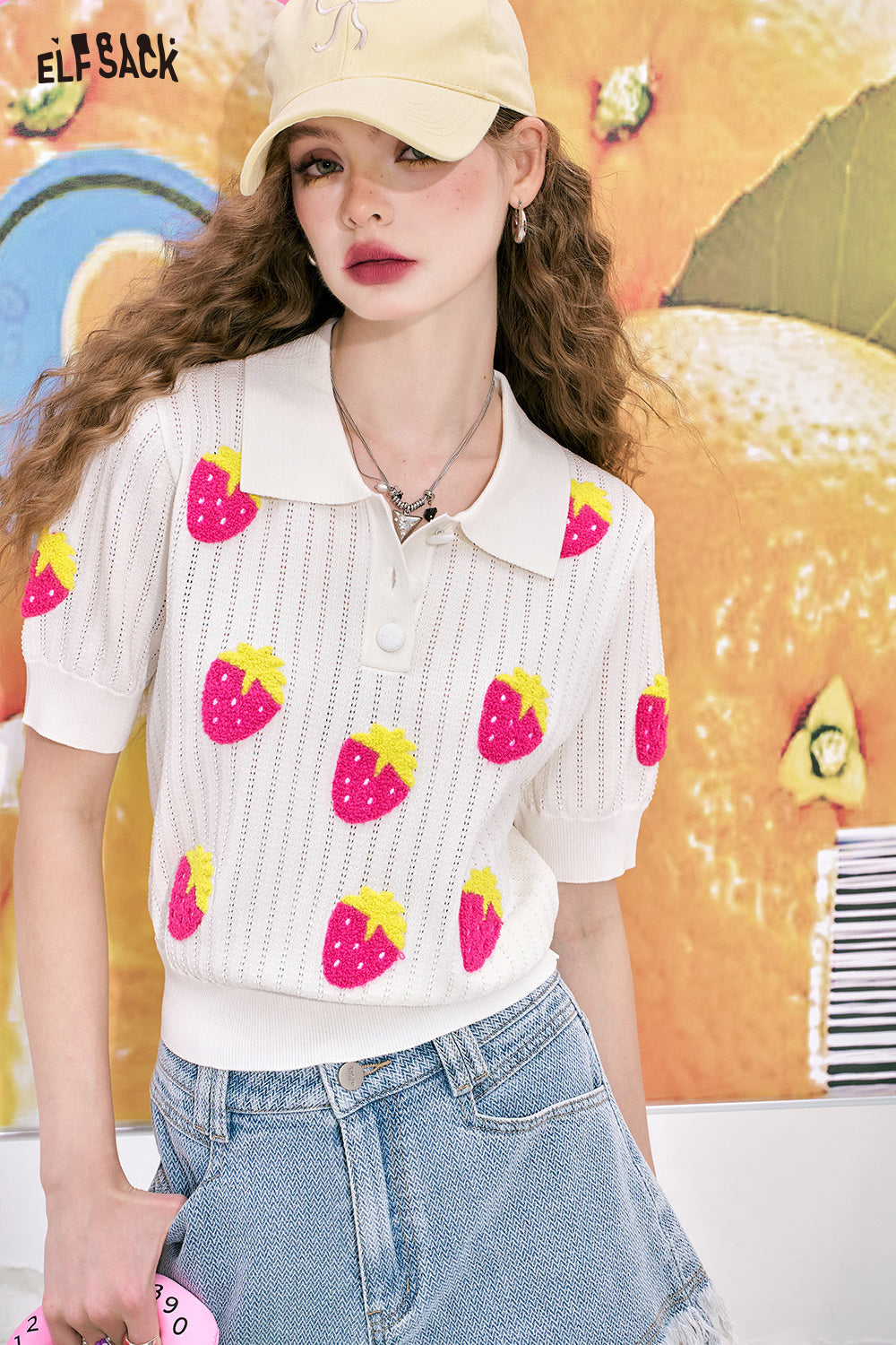 ELFSACK Three-dimensional strawberry pink Polo collar casual versatile cute style short-sleeved knitted sweater