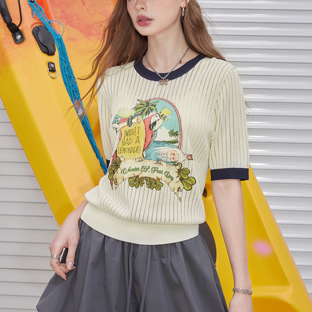 ELFSACK 2024 Summer New Arrivals Retro color contrasting short sleeved knitted shirt, women's pink shorts top