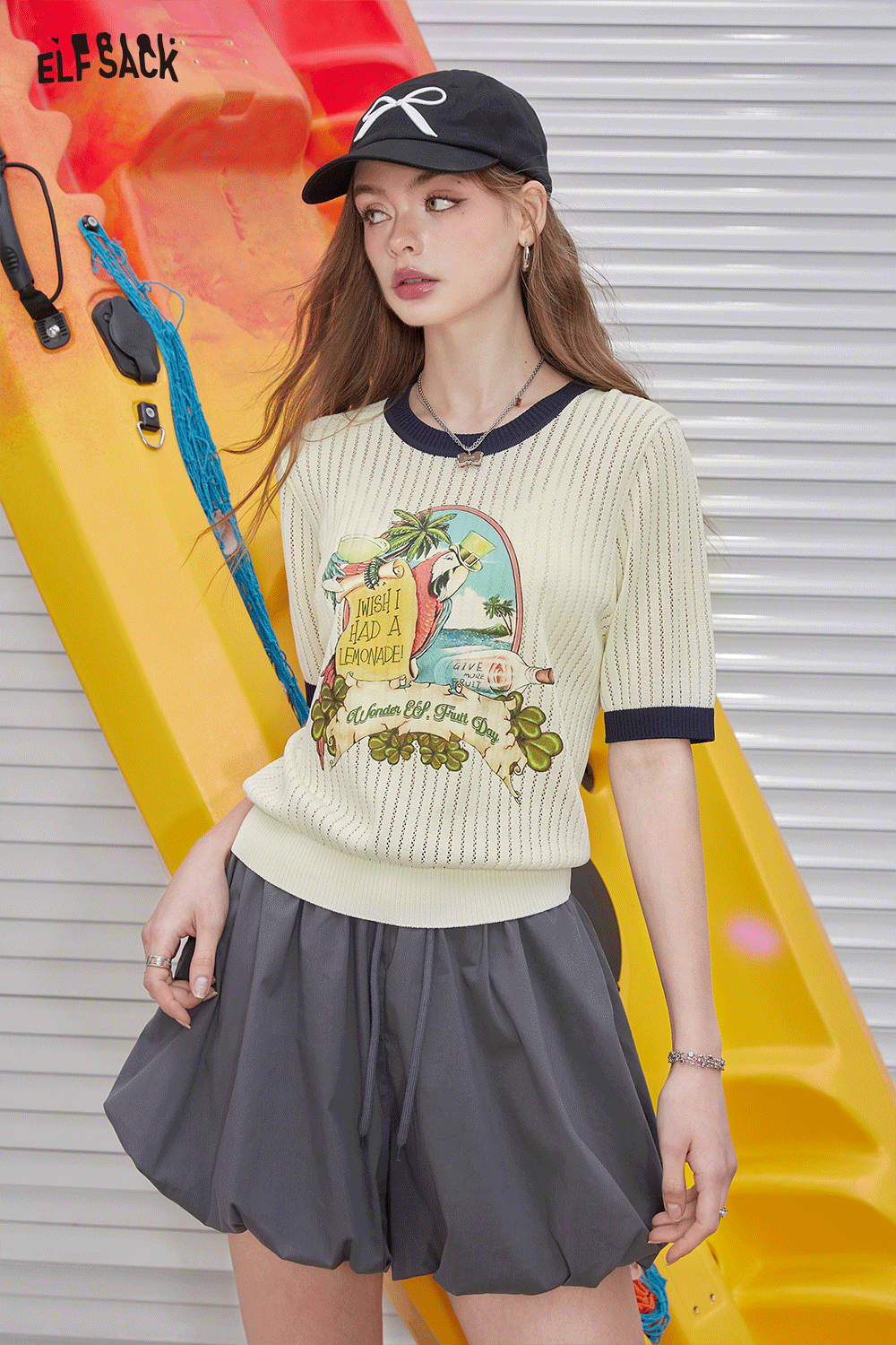 ELFSACK 2024 Summer New Arrivals Retro color contrasting short sleeved knitted shirt, women's pink shorts top