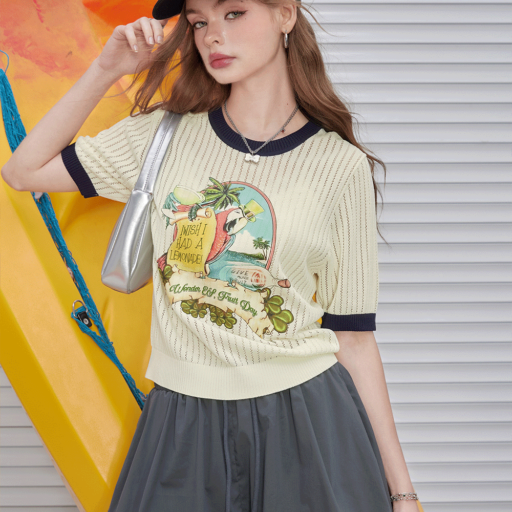 ELFSACK 2024 Summer New Arrivals Retro color contrasting short sleeved knitted shirt, women's pink shorts top