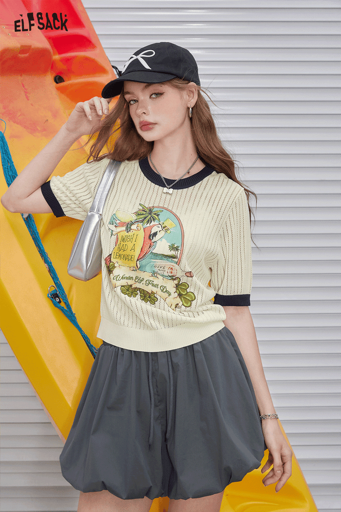 
                  
                    ELFSACK 2024 Summer New Arrivals Retro color contrasting short sleeved knitted shirt, women's pink shorts top
                  
                