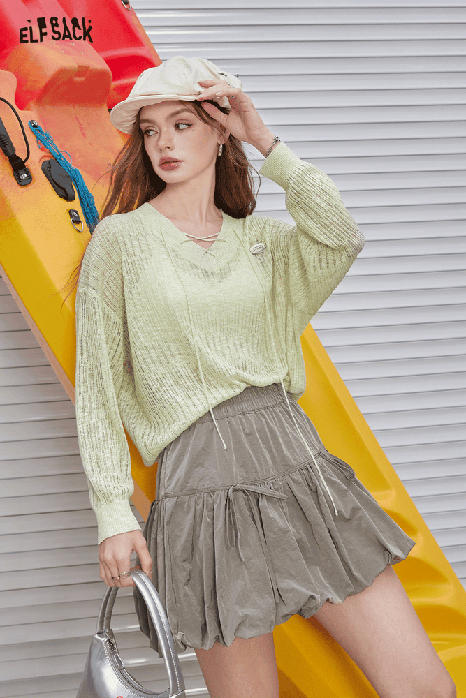 
                  
                    ELFSACK 2024 Summer New Arrivals V-neck hollowed out breathable knitted shirt for women, lazy chiffon cover shirt, air-conditioned shirt
                  
                