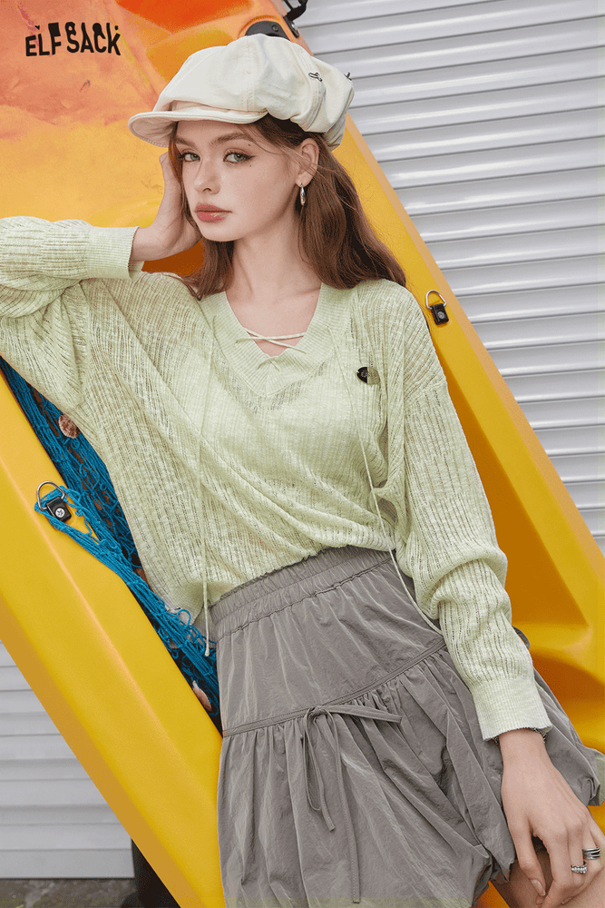 
                  
                    ELFSACK 2024 Summer New Arrivals V-neck hollowed out breathable knitted shirt for women, lazy chiffon cover shirt, air-conditioned shirt
                  
                