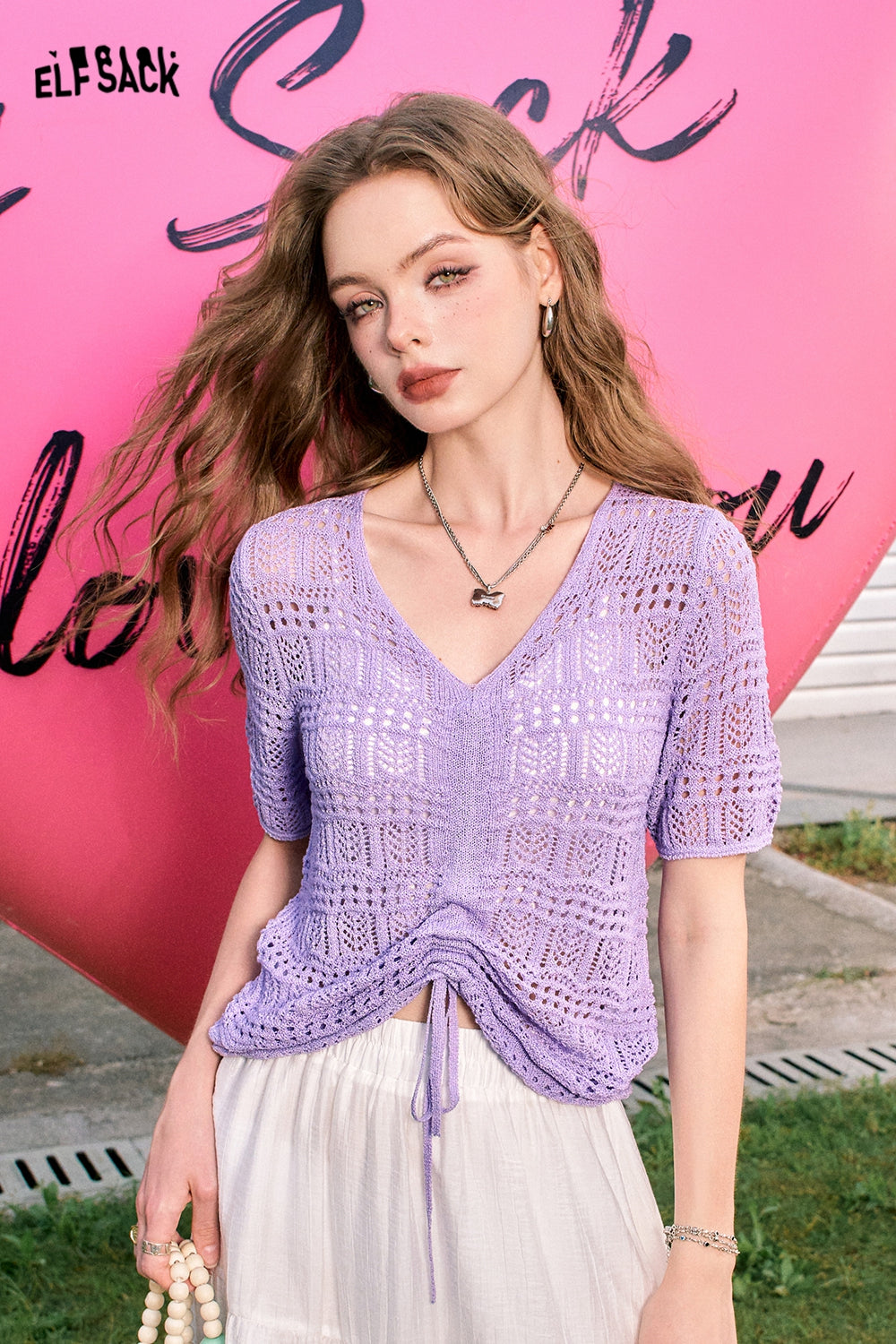 ELFSACK Hollow pleated ice curve breathable sweet and gentle style short-sleeved knitted sweater