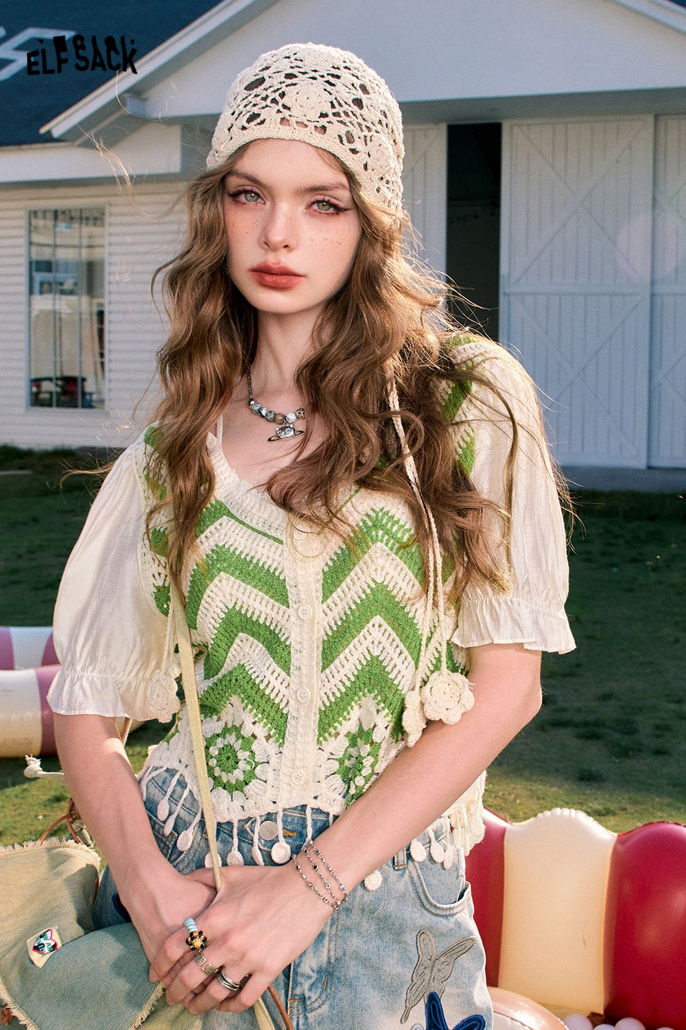 ELFSACK Dopamine Cardigan Tassel Hollow Striped Short Sleeve Knitted Sweater