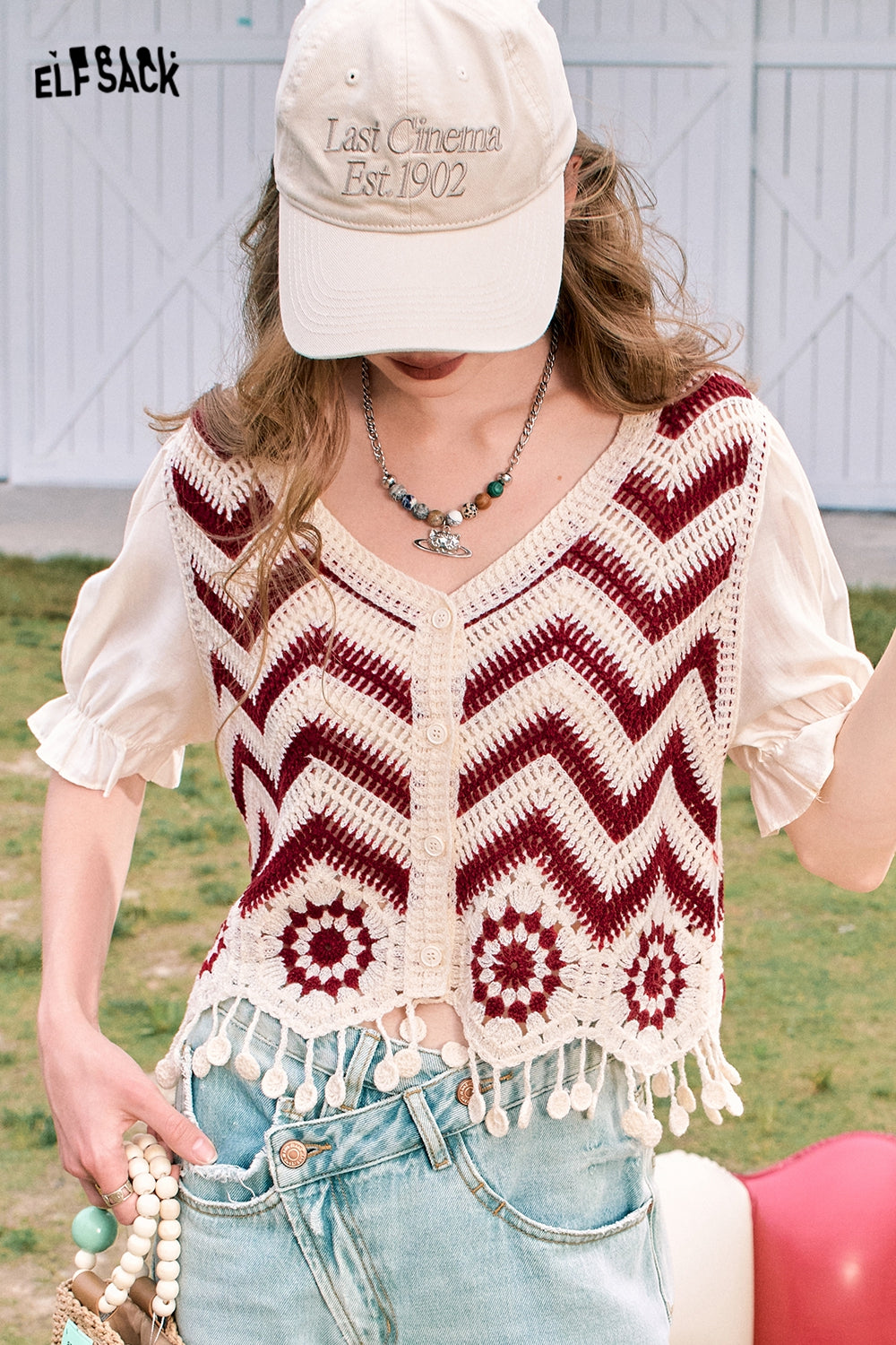 ELFSACK Dopamine Cardigan Tassel Hollow Striped Short Sleeve Knitted Sweater