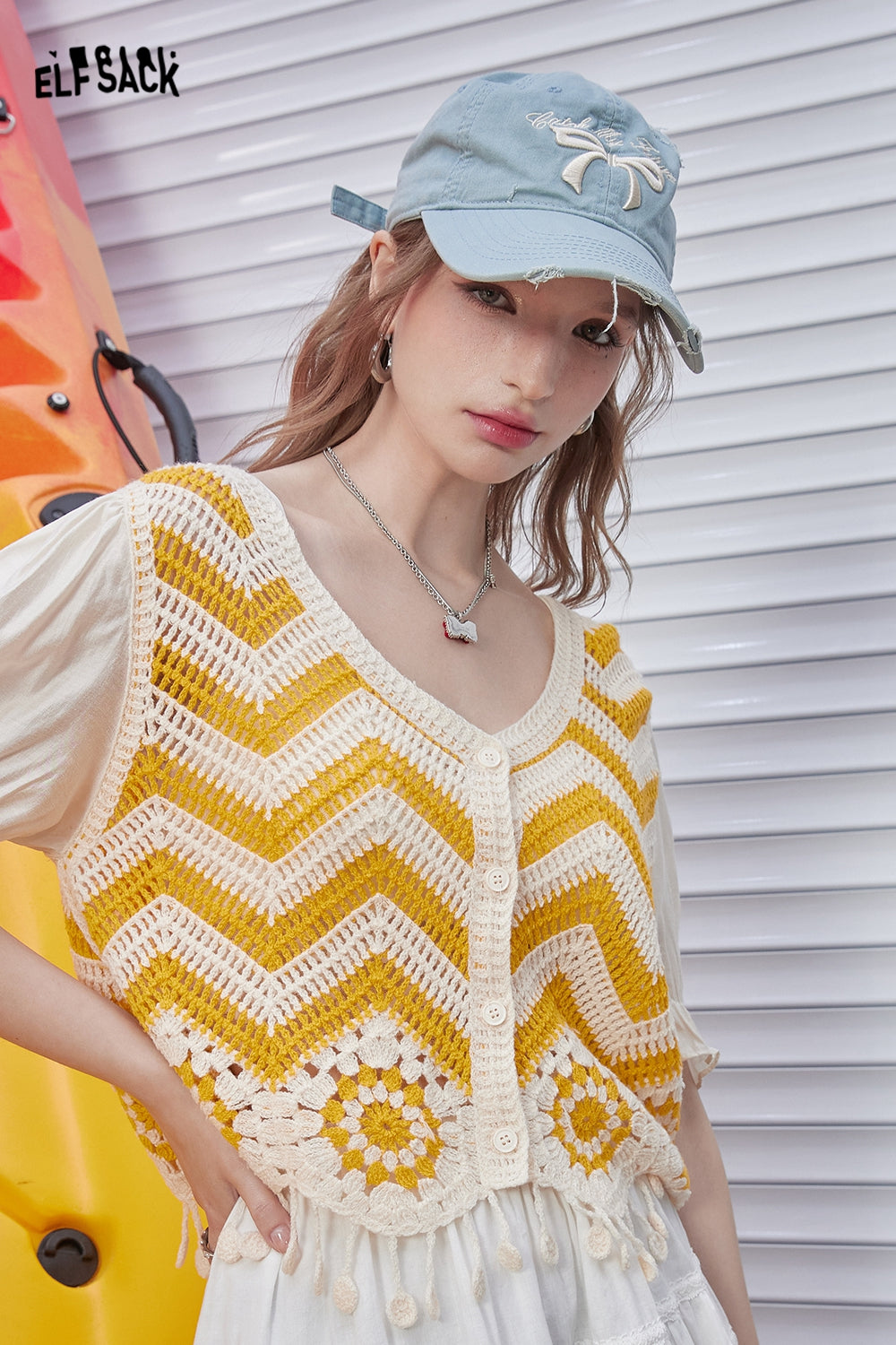 ELFSACK Dopamine Cardigan Tassel Hollow Striped Short Sleeve Knitted Sweater