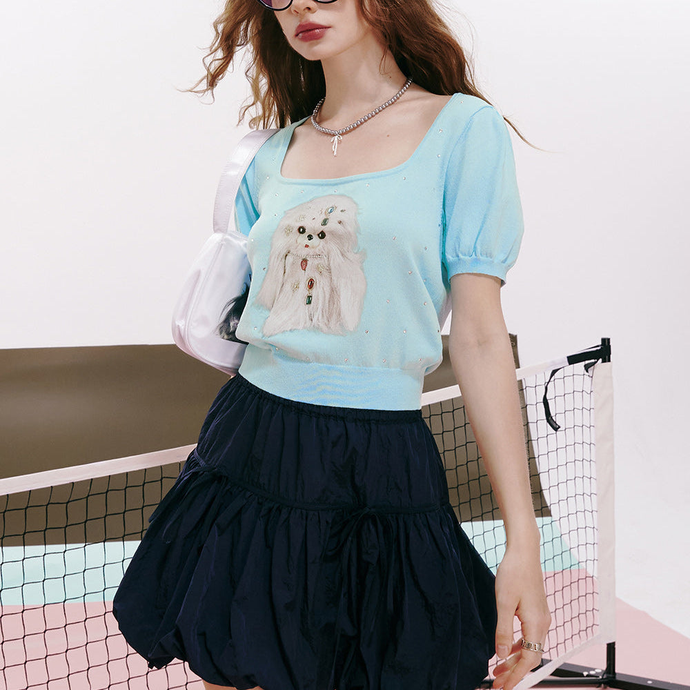 
                  
                    ELFSACK 2024 summer new arrival Puff Sleeve Puppy Print Square Neck Sweet Versatile Thin Short Sleeve Knit Cardigan for Women
                  
                