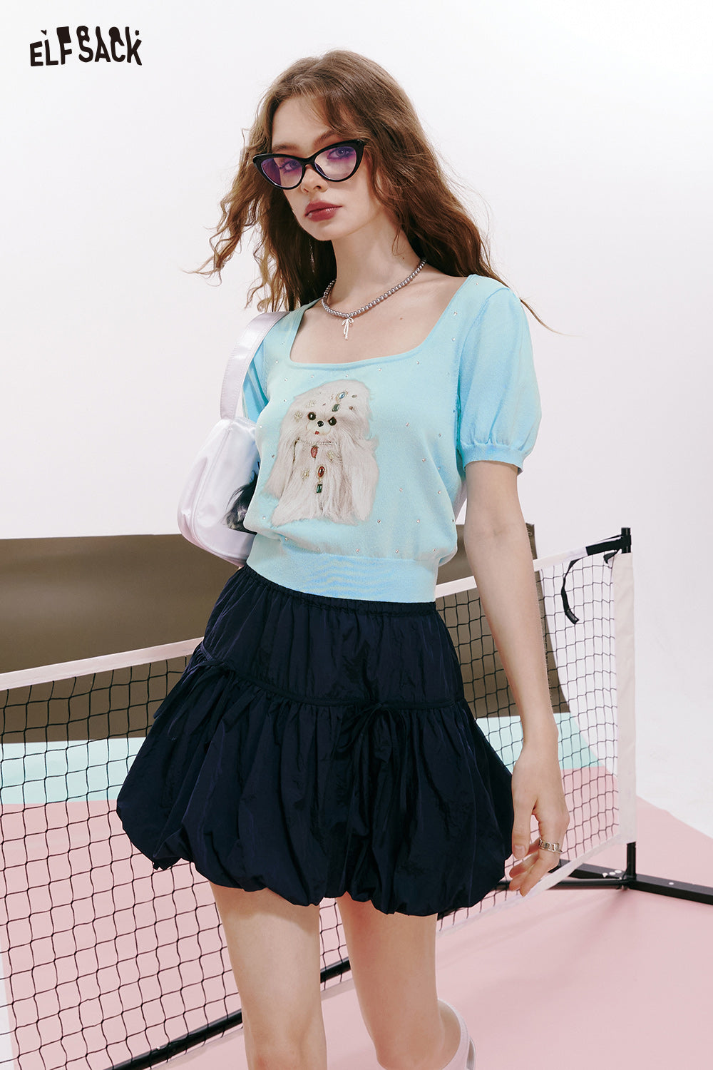 ELFSACK Puff Sleeve Puppy Print Square Neck Sweet Versatile Thin Short Sleeve Knit Cardigan