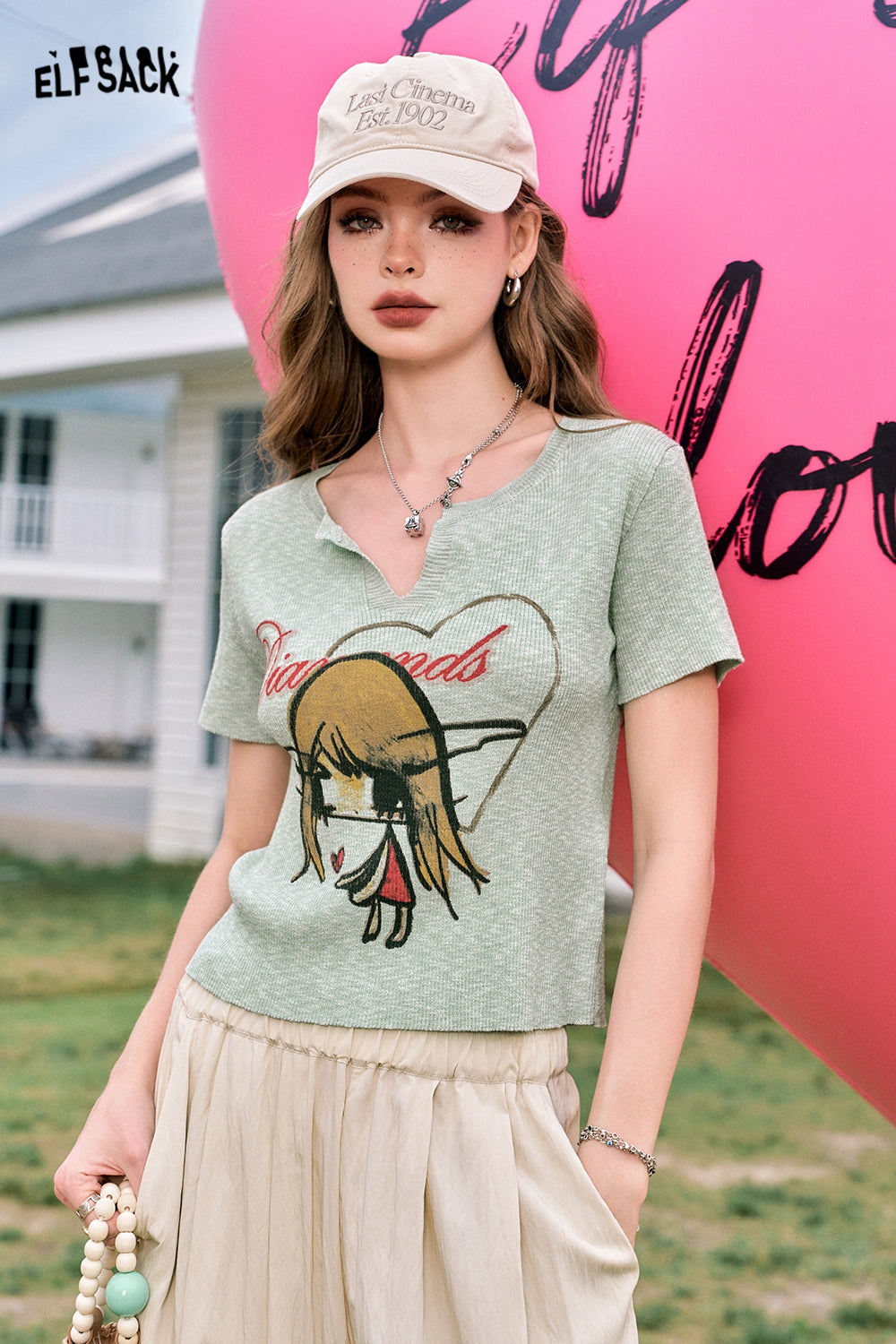 ELFSACK V-neck printed green slim fit thin sexy slim all-match short-sleeved knitted sweater