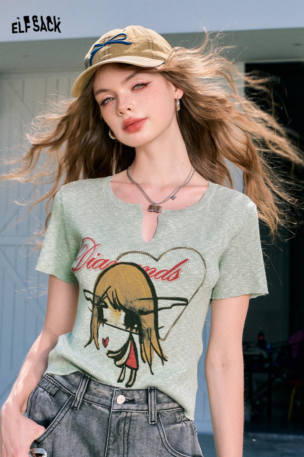 ELFSACK V-neck printed green slim fit thin sexy slim all-match short-sleeved knitted sweater