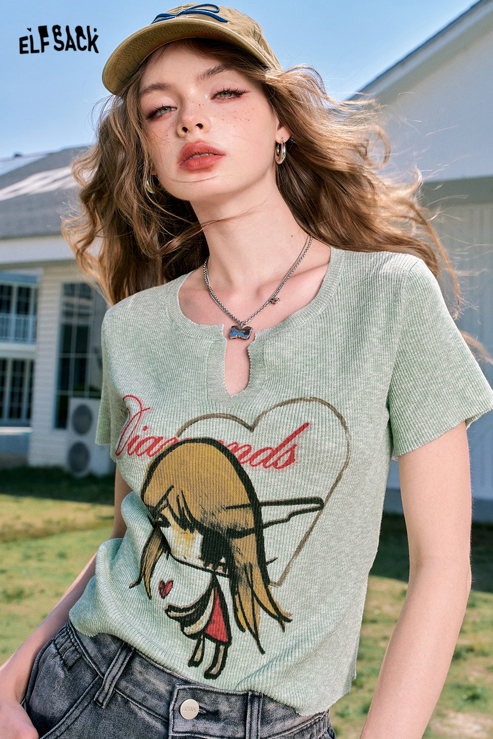 ELFSACK V-neck printed green slim fit thin sexy slim all-match short-sleeved knitted sweater