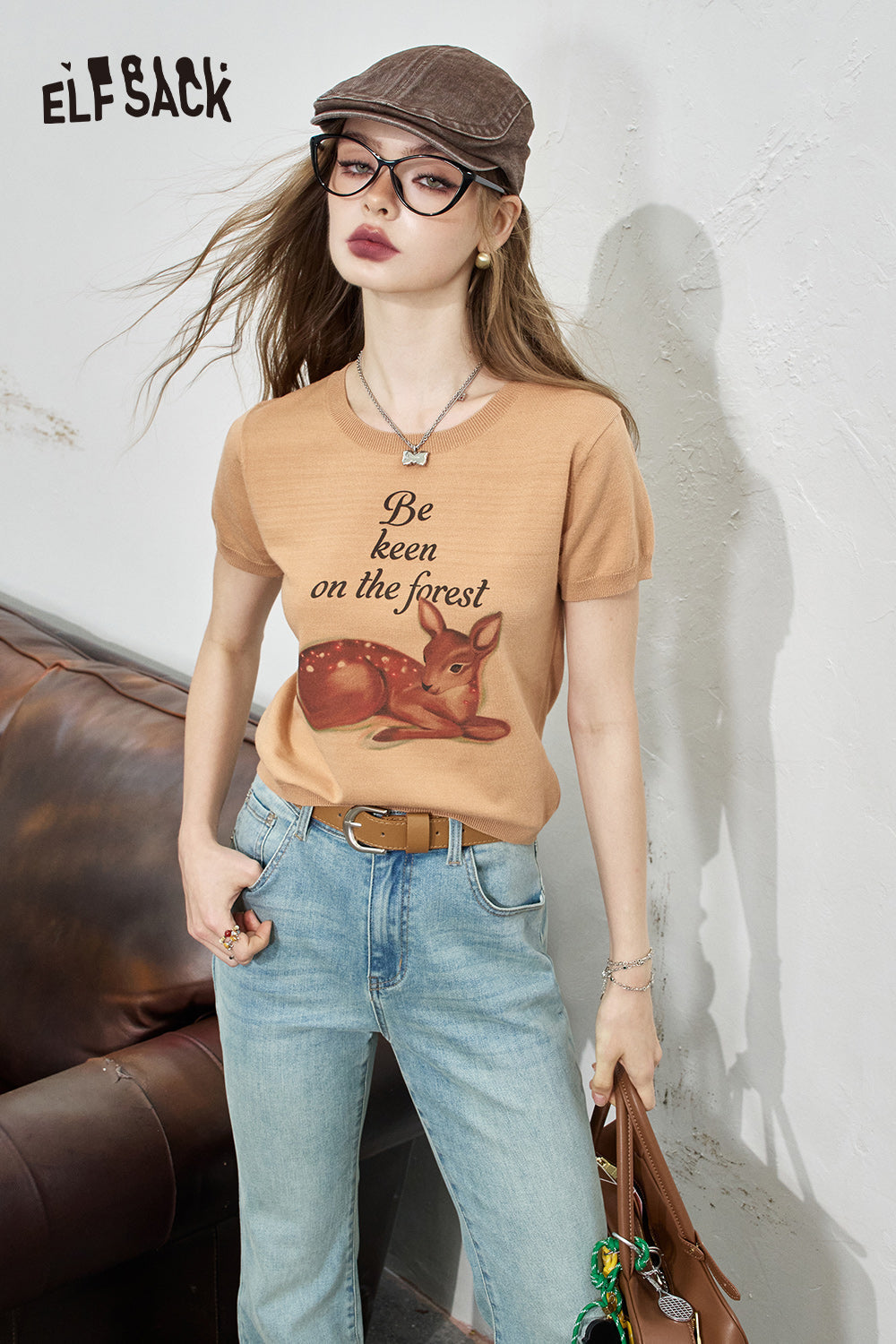 ELFSACK Printed Sweet Short Sleeve Knitted Women's White Thin Top