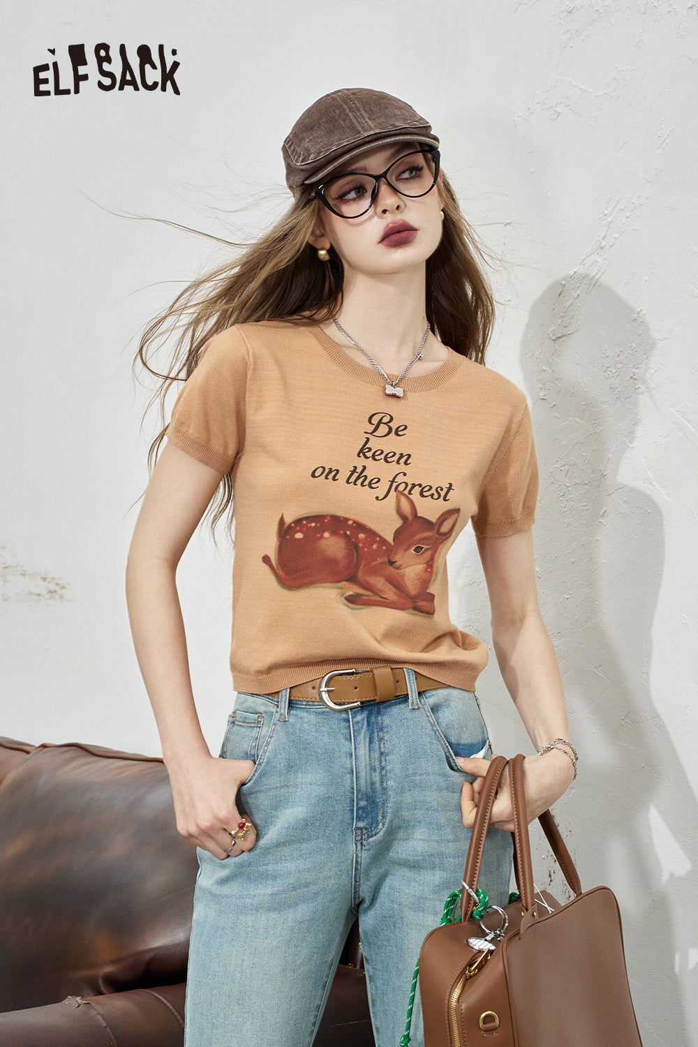 ELFSACK Printed Sweet Short Sleeve Knitted Women's White Thin Top