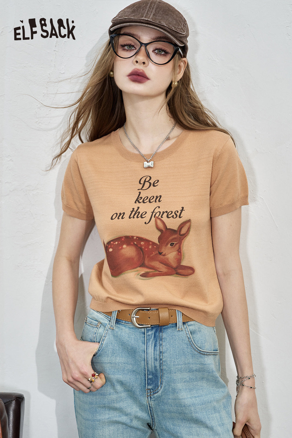 ELFSACK Printed Sweet Short Sleeve Knitted Women's White Thin Top