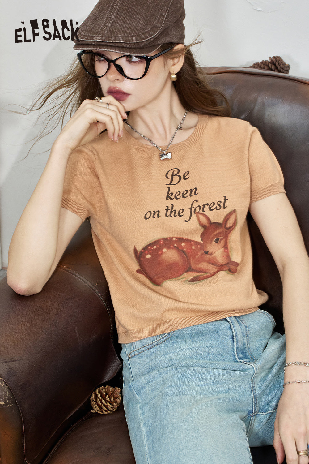 ELFSACK Printed Sweet Short Sleeve Knitted Women's White Thin Top