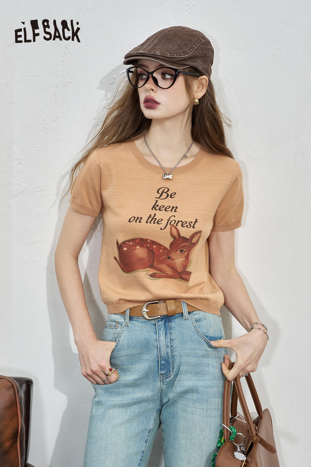 ELFSACK Printed Sweet Short Sleeve Knitted Women's White Thin Top