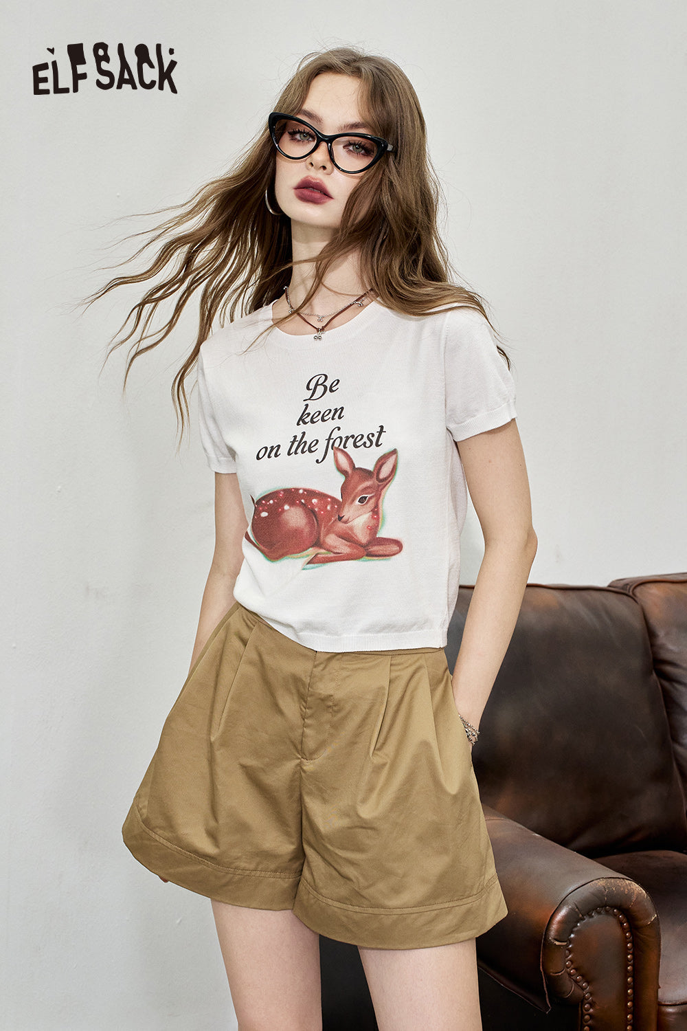 ELFSACK Printed Sweet Short Sleeve Knitted Women's White Thin Top