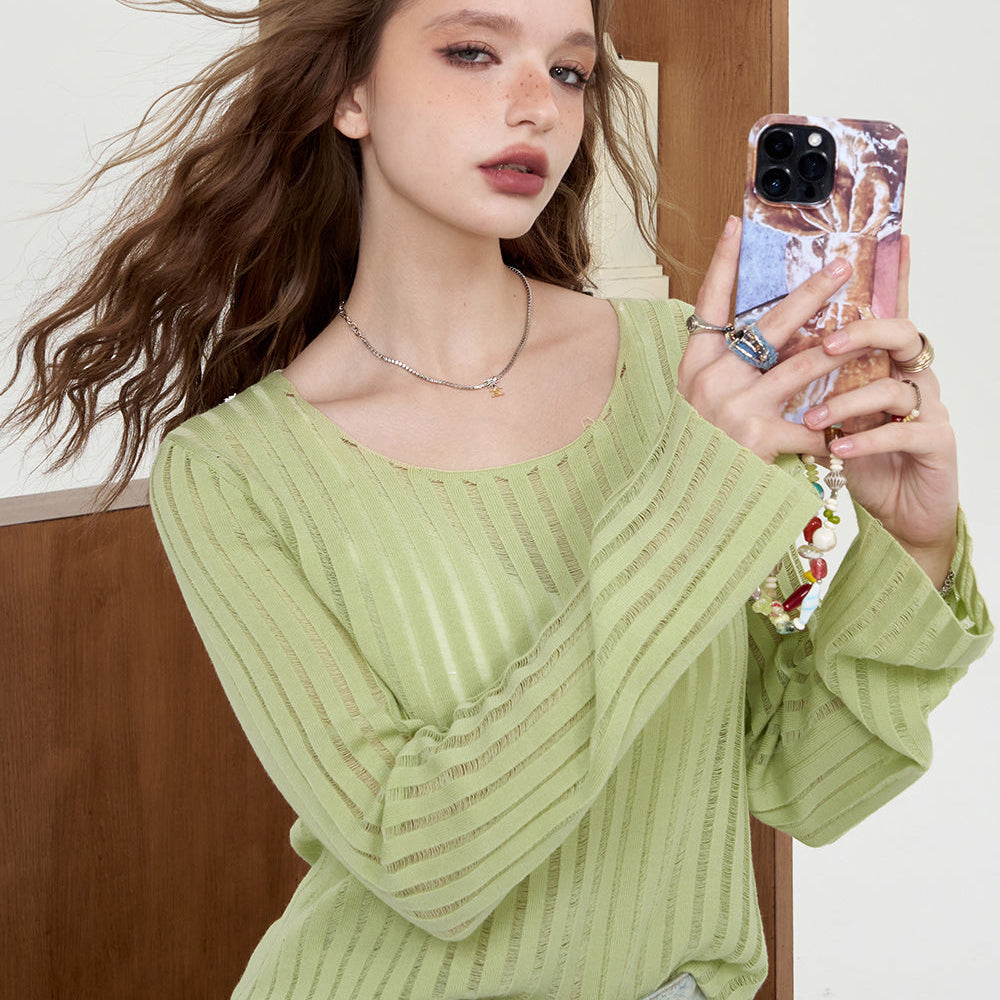 
                  
                    ELFSACK 2024 Summer New Arrivals Casual vertical striped knitted sweater for women, lightweight and loose cover shirt, slimming top
                  
                