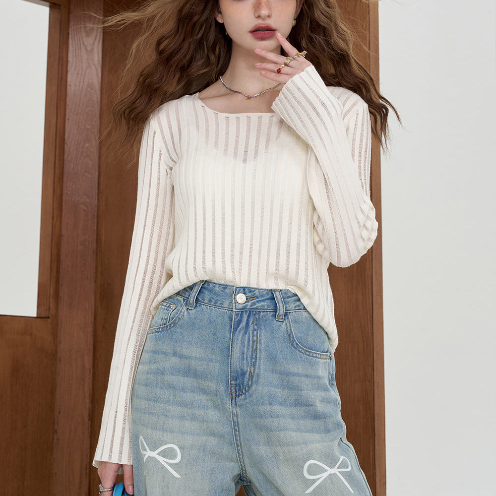 
                  
                    ELFSACK 2024 Summer New Arrivals Casual vertical striped knitted sweater for women, lightweight and loose cover shirt, slimming top
                  
                