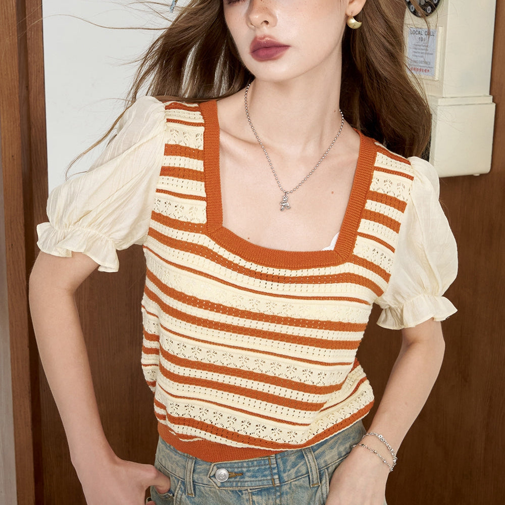 
                  
                    ELFSACK 2024 Summer New Arrivals Chiffon patchwork bubble sleeve striped knitted sweater for women, slim and thin top
                  
                