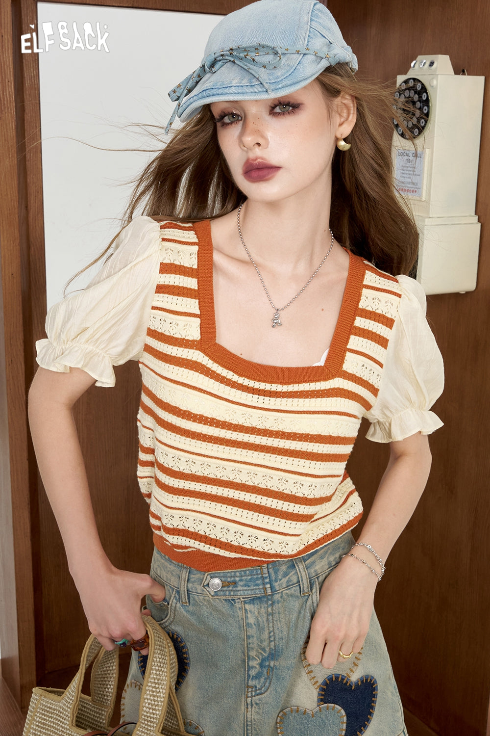 ELFSACK Chiffon patchwork bubble sleeve striped knitted sweater, slim and thin top