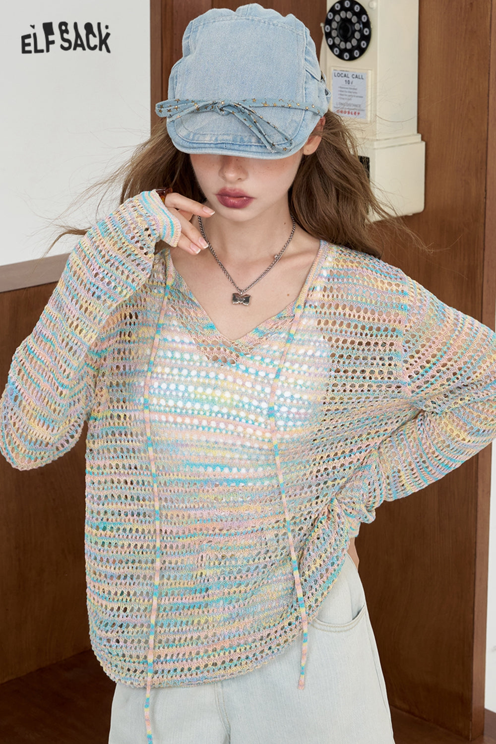 ELFSACK Pink gradient hollow knitted sweater Casual loose and lightweight hoodie