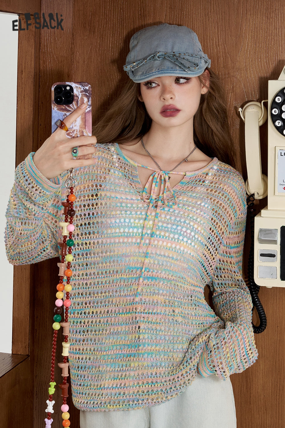 ELFSACK Pink gradient hollow knitted sweater Casual loose and lightweight hoodie