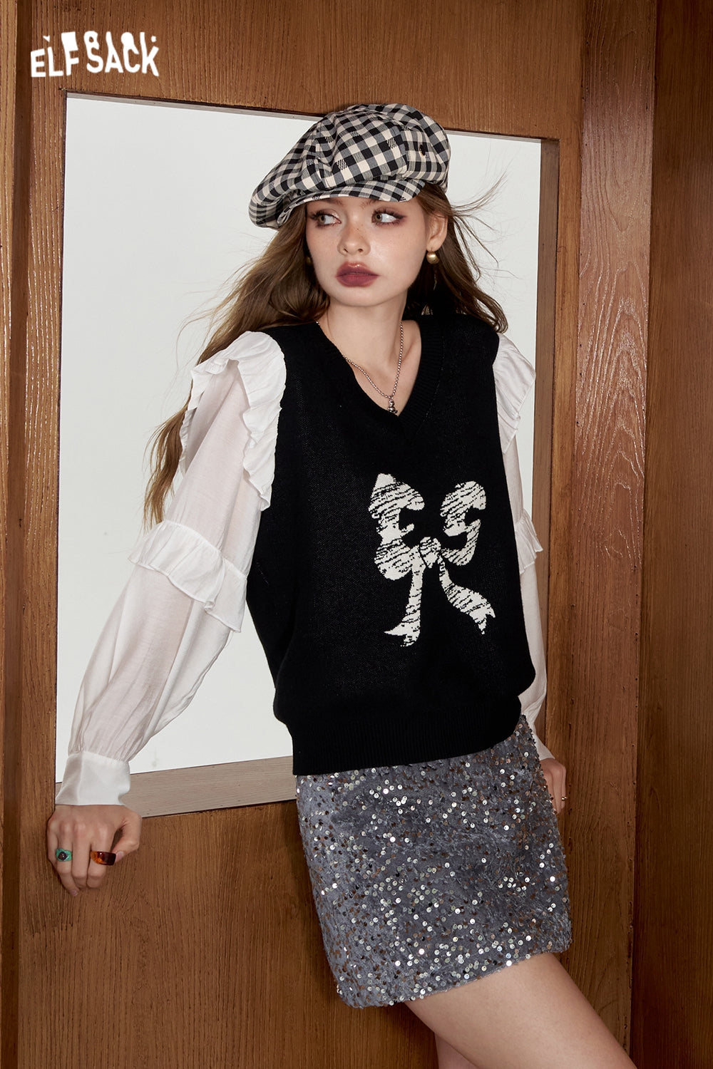 ELFSACK Pink patchwork bow knit sweater stringy selvedge top