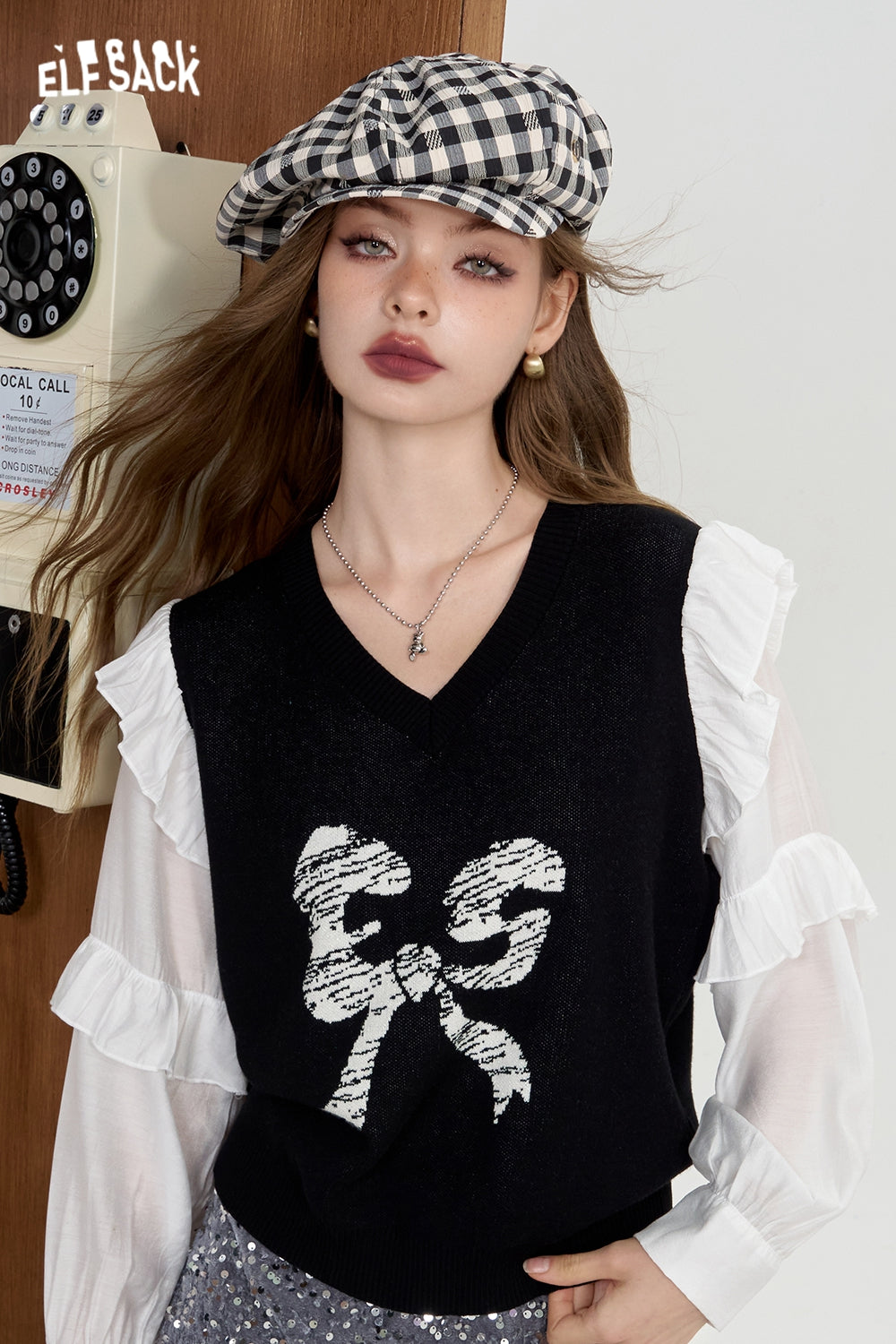 ELFSACK Pink patchwork bow knit sweater stringy selvedge top