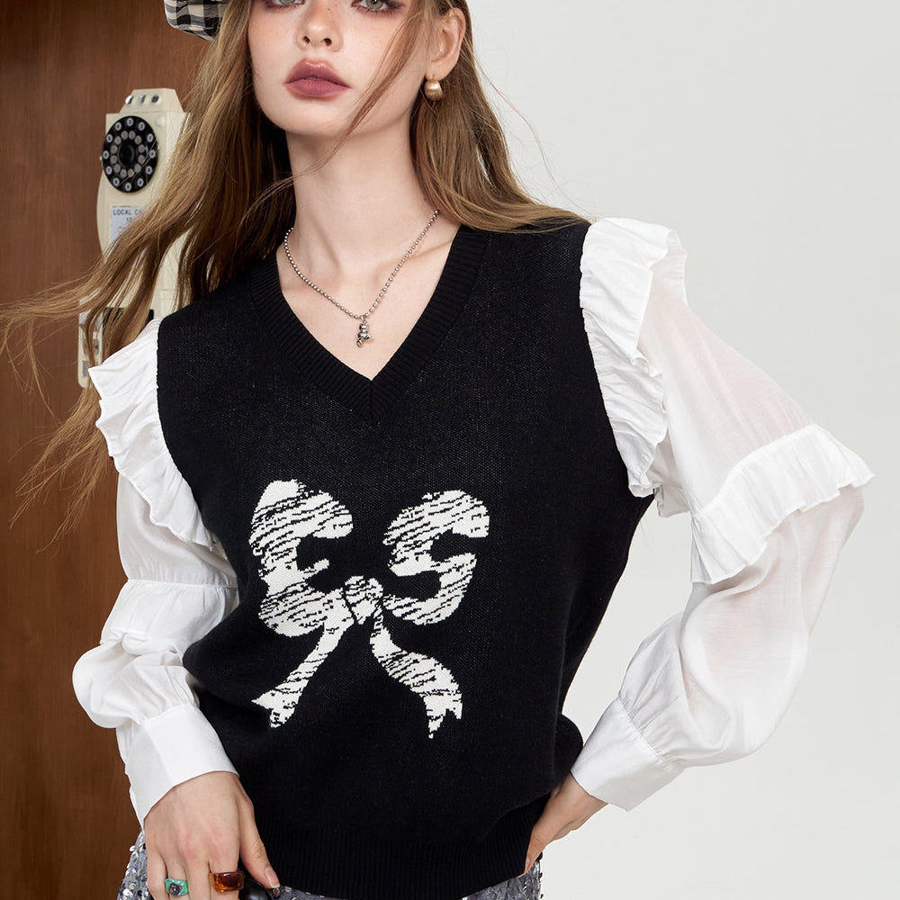 
                  
                    ELFSACK 2024 Summer New Arrivals Pink patchwork bow knit sweater for women stringy selvedge top
                  
                