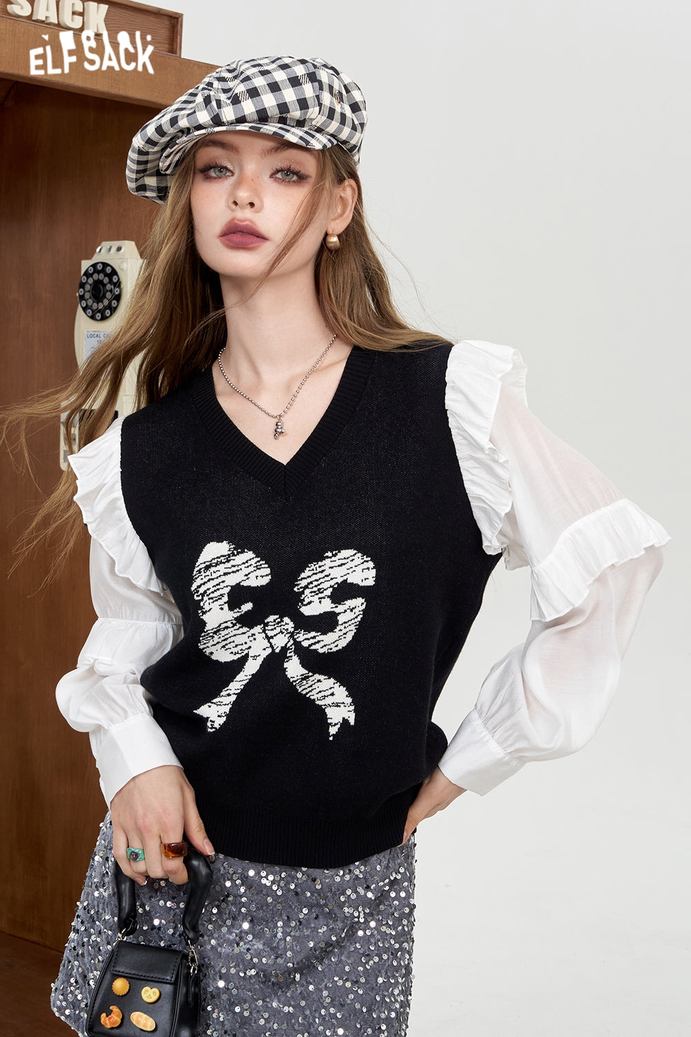 ELFSACK Pink patchwork bow knit sweater stringy selvedge top