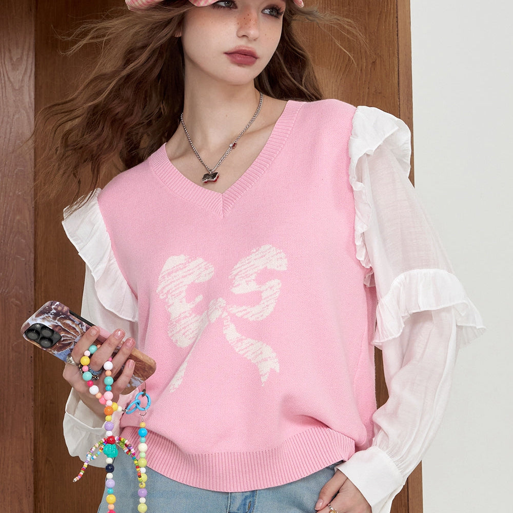 
                  
                    ELFSACK 2024 Summer New Arrivals Pink patchwork bow knit sweater for women stringy selvedge top
                  
                