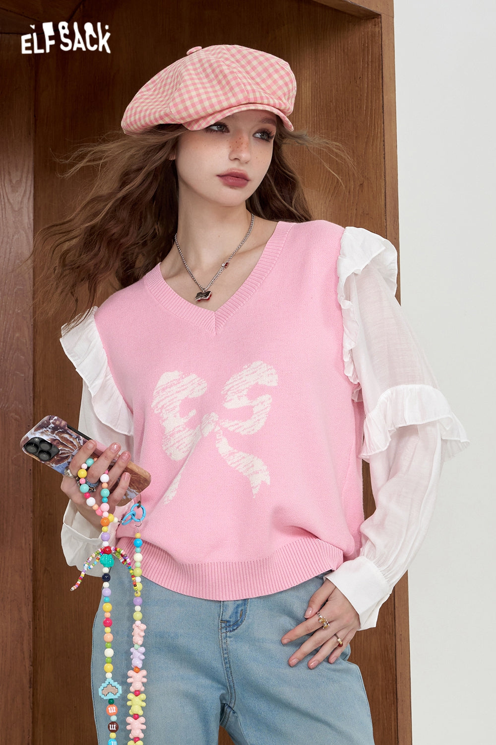 ELFSACK Pink patchwork bow knit sweater stringy selvedge top