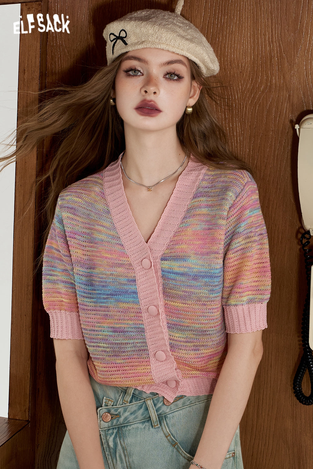 ELFSACK Gradient striped knitted sweater, V-neck cardigan, sweet