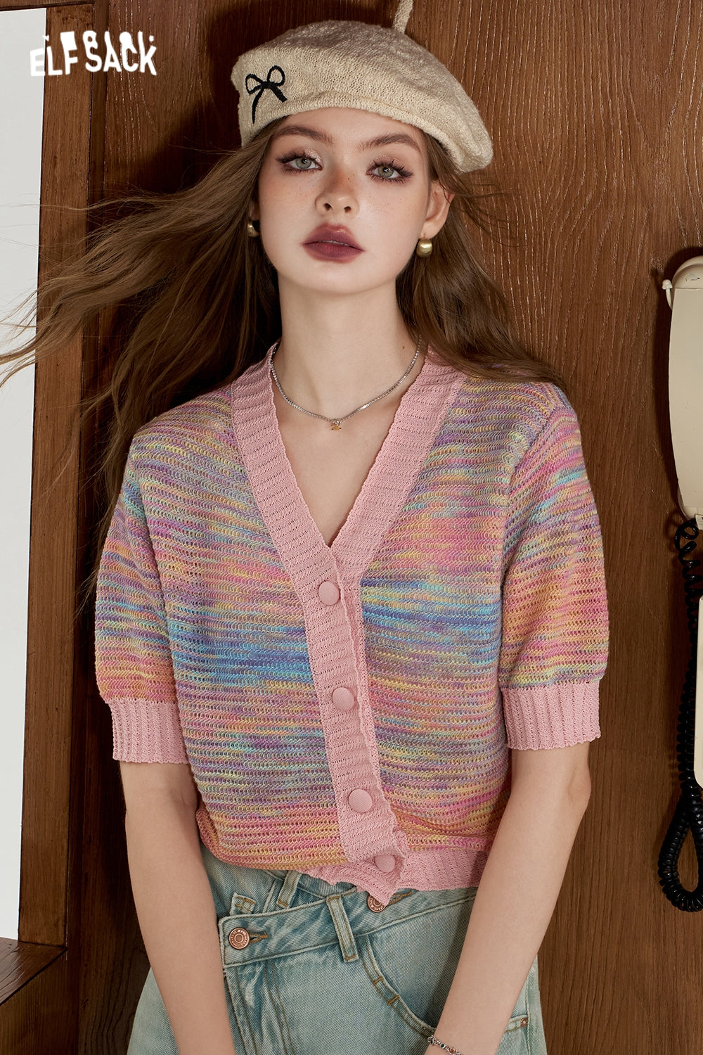 ELFSACK 2024 Summer New Arrivals Gradient striped knitted sweater for women, V-neck cardigan, sweet