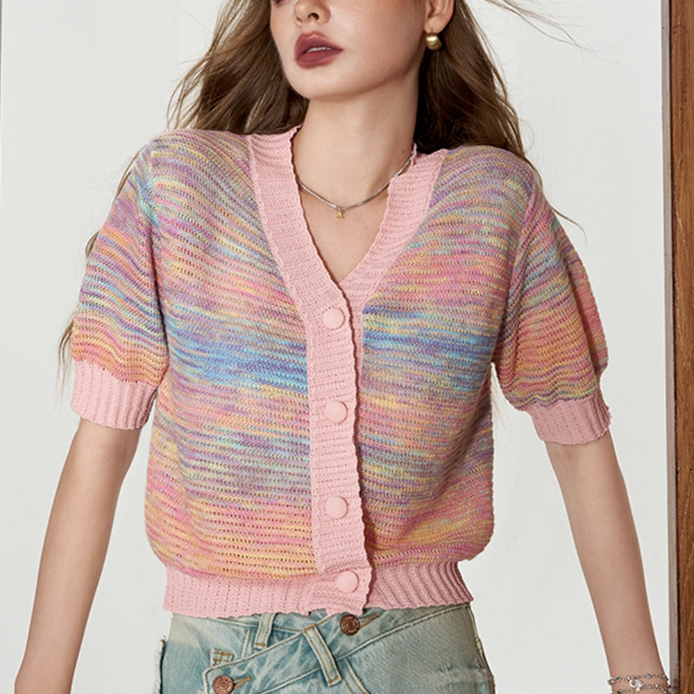 
                  
                    ELFSACK 2024 Summer New Arrivals Gradient striped knitted sweater for women, V-neck cardigan, sweet
                  
                