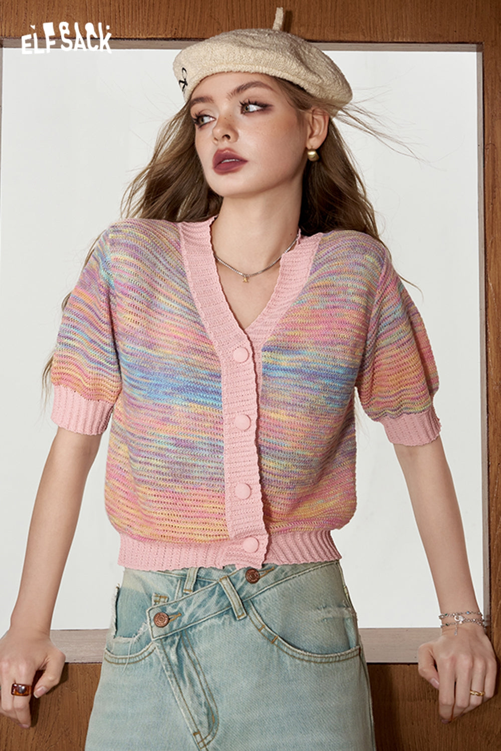 ELFSACK Gradient striped knitted sweater, V-neck cardigan, sweet