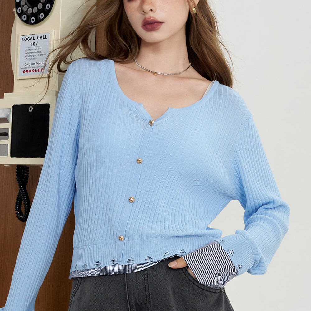 
                  
                    ELFSACK 2024 Summer New Arrivals Striped shirt patchwork knit sweater for women fake two lightweight and slimming tops
                  
                